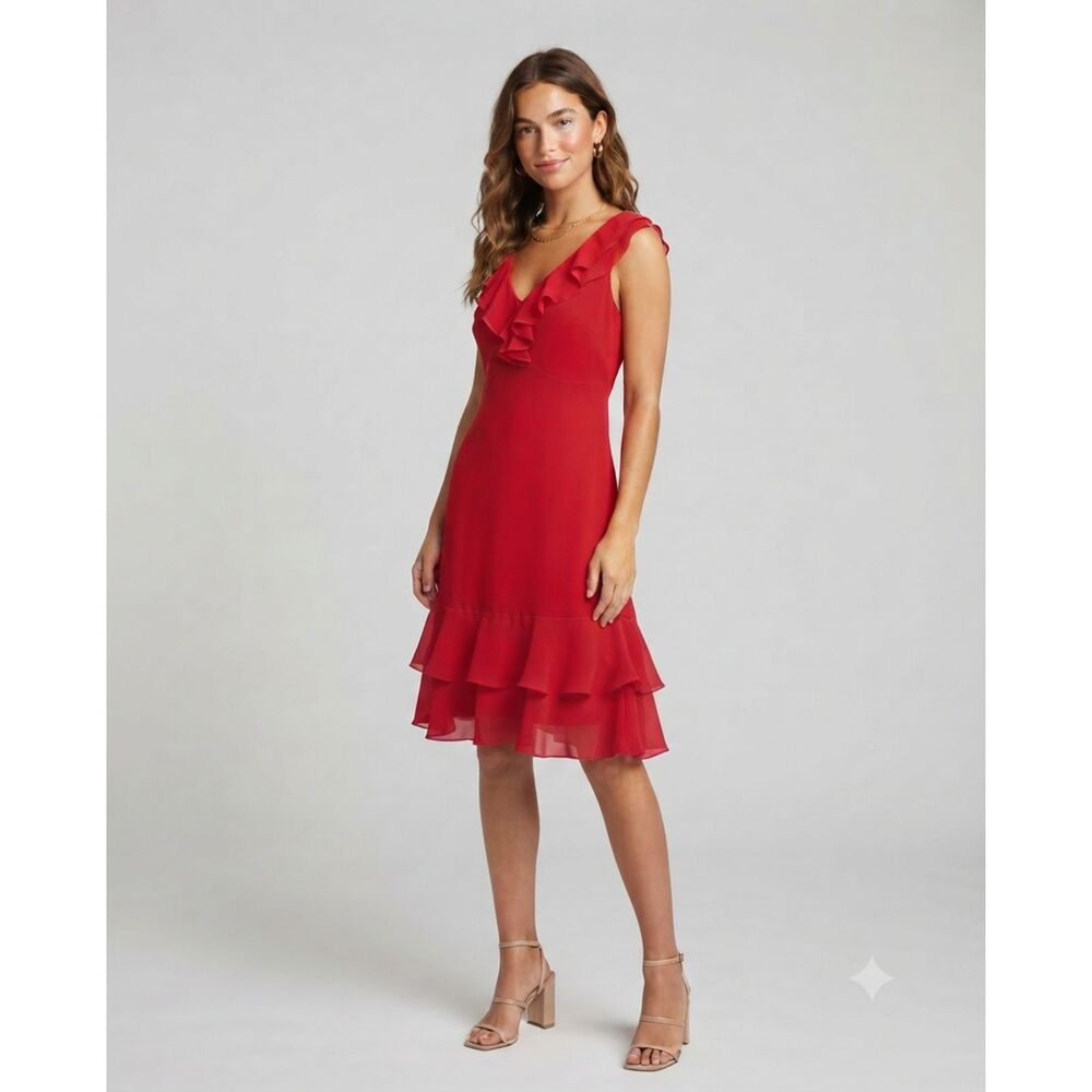 American Living Red Ruffle Dress Size 8 Feminine Flowy Fit Date Night Romantic